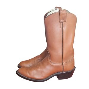 Olathe Boot Company Vintage Tan Cowboy Boots with Almond Toe and Stacked Heel